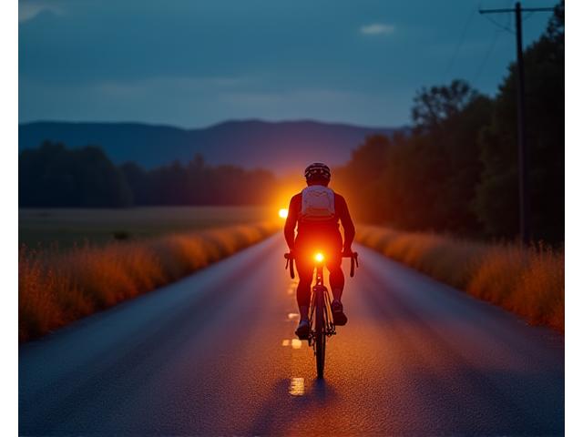 Cyclist with highly visible reflective tape reflecting light brightly in dim environment, clearly seen